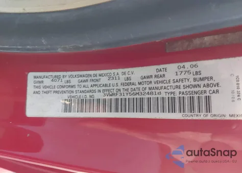 2006 Volkswagen New Beetle 2.5 из США, поврежденный, VIN 3VWRF31Y56M324818